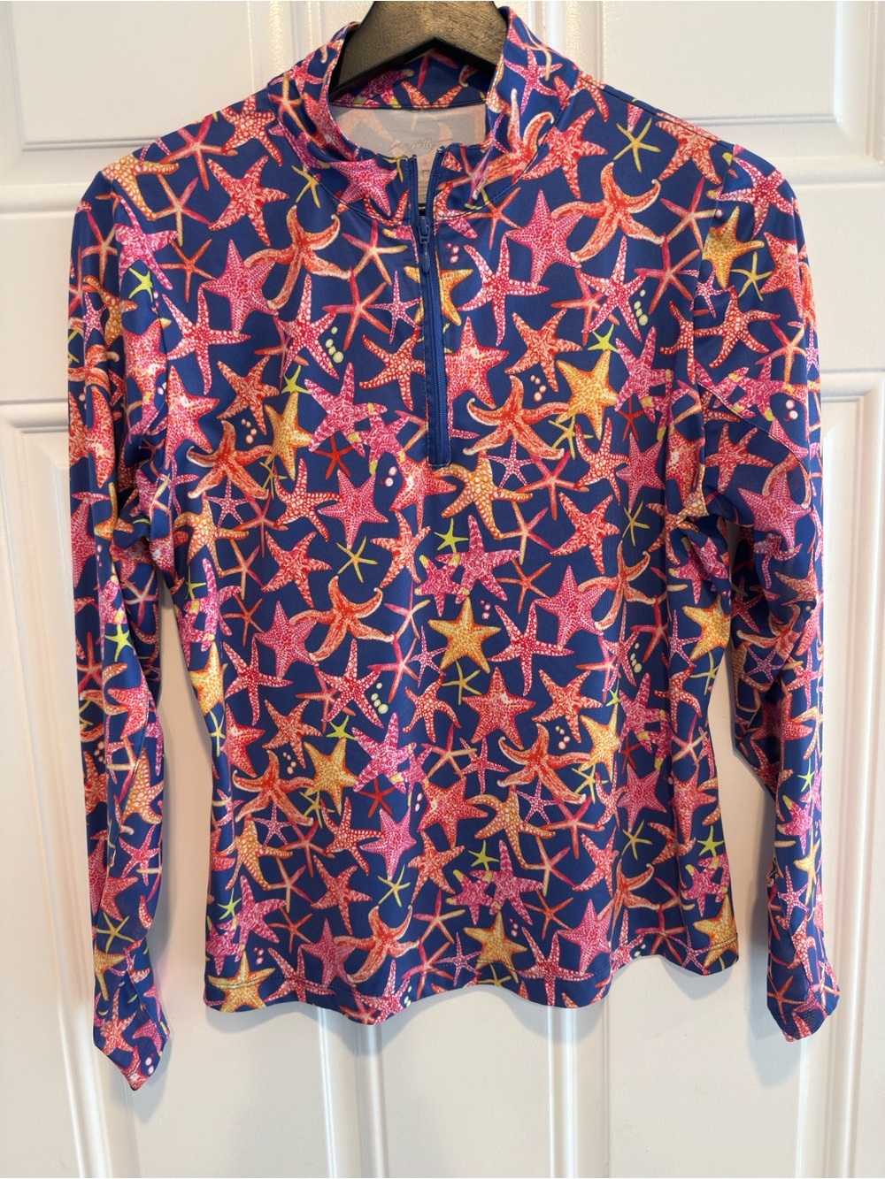 Gottex‎ Studio Starfish Print Quarter Zip Sun Shirt Blue Pink Women Small